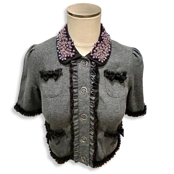 ANTHROPOLOGIE Twelve by Twelve Gray Pearl Embellished Jacket w Bows | NWT Small - Picture 7 of 9